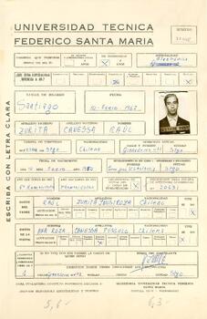 Ficha de postulación a la carrera de ingeniería de Raúl Zurita