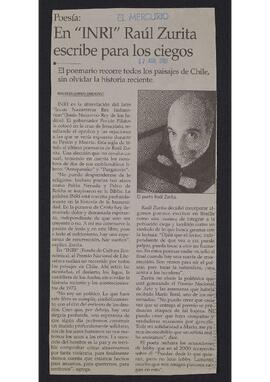 Artículo "En 'Inri' Raúl Zurita escribe para los ciegos" de Diario El Mercurio