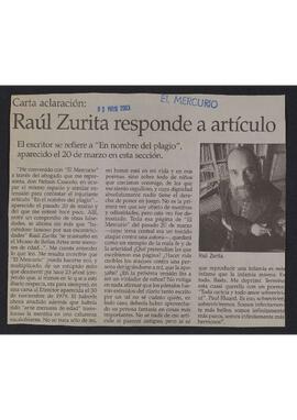 Artículo "Carta aclaración: Raúl Zurita responde a artículo" de Diario El Mercurio