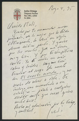 Carta de Julio Ortega a Malú Urriola