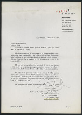 Invitación de Danish Agency of Culture a Malú Urriola