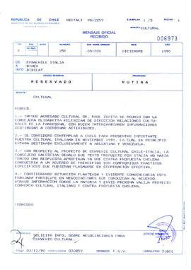 Mensaje oficial transmitido por la Embajada de Chile en Italia al Ministerio de Relaciones Exteriores