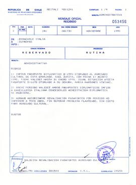 Mensaje oficial transmitido por la Embajada de Chile en Italia al Ministerio de Relaciones Exteriores