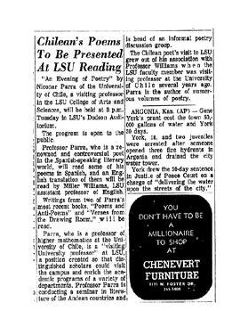 Artículo "Chilean's Poems To Be Presented at LSU Reading" de The Times-Picayune/The New Orleans Advocate