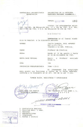 Decreto de contratación académica de Raúl Zurita en la Universidad de la Frontera