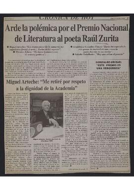 Artículo "Arde la polémica por el Premio Nacional de Literatura al poeta Raúl Zurita" de Diario La Segunda