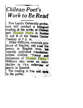 Artículo "Chilean Poet's Work To Be Read" de The Times-Picayune/The New Orleans Advocate