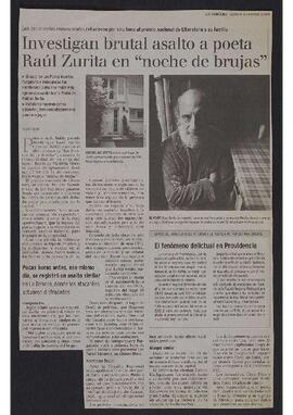 Artículo "Investigan brutal asalto a poeta Raúl Zurita en 'noche de brujas'" de Diario La Tercera