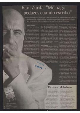 Artículo "Raúl Zurita: 'Me hago pedazos cuando escribo'" de Diario La Tercera