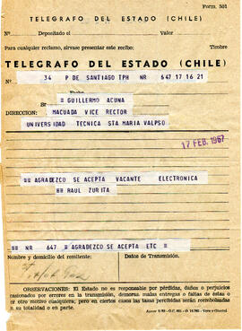 Telegrama de Raúl Zurita a vicerrector de la Universidad Técnica Federico Santa María