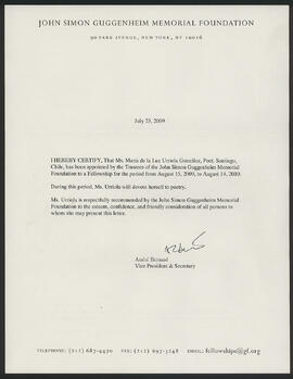Carta de John Simon Guggenheim Memorial Foundation a Malú Urriola