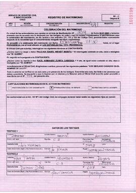 Registro de matrimonio  de Raúl Zurita y Paulina Wendt