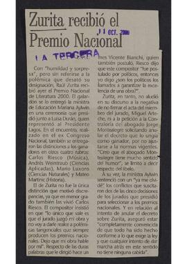 Artículo "Zurita recibió el Premio Nacional" por Diario La Tercera