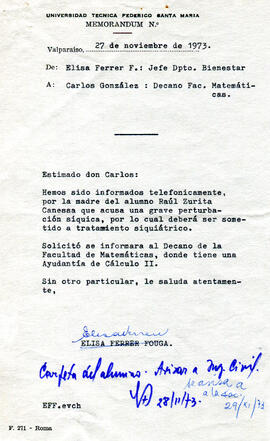 Memorándum de Jefa de Departamento de Bienestar a Decano de Facultad de Matemáticas